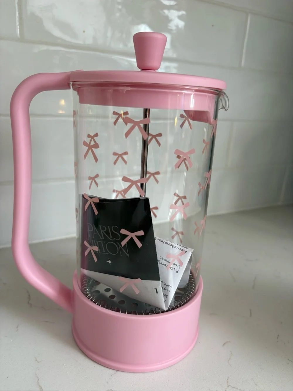 NEW Paris Hilton Pink Bow French Press Coffee Maker  GREAT GIFT!